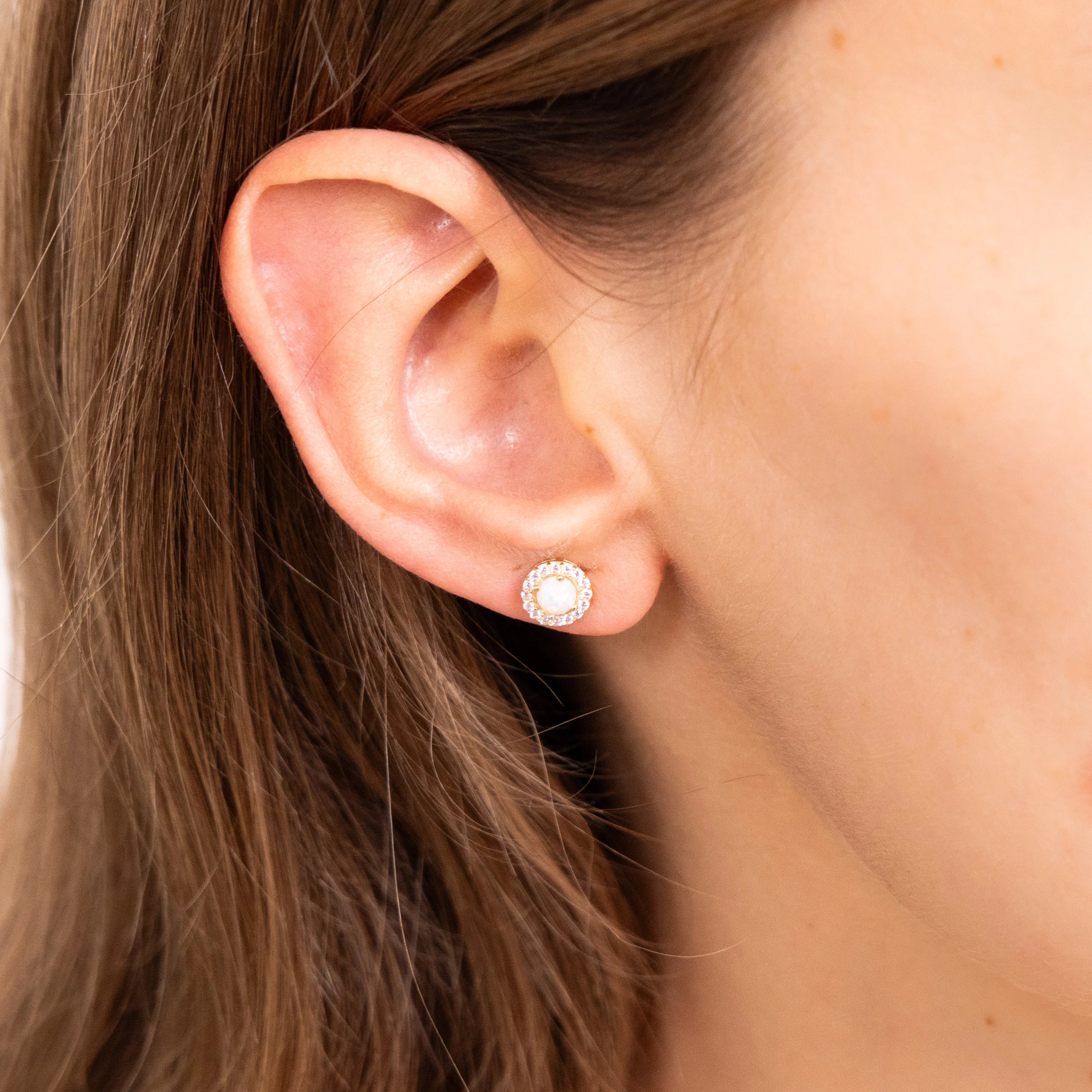 9ct Yellow Gold Round Opal And Zirconia Stud Earrings - Image 2