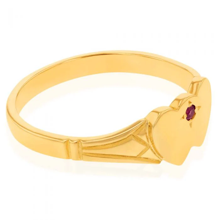 9ct Yellow Gold Ruby 2Heart Signet  Ring Size L - Image 2