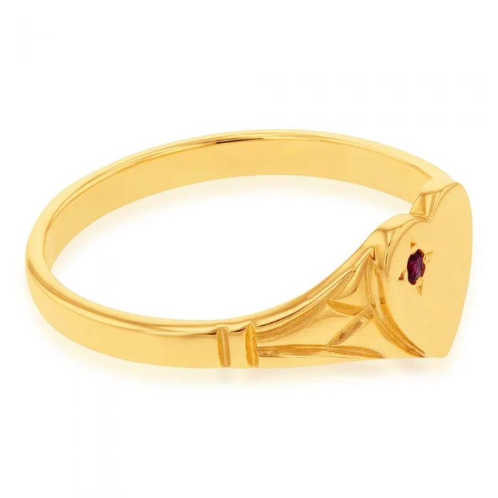 9ct Yellow Gold Ruby Heart Signet Ring Size L - Image 2