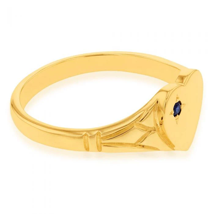 9ct Yellow Gold Sapphire Heart Signet Ring Size L - Image 2