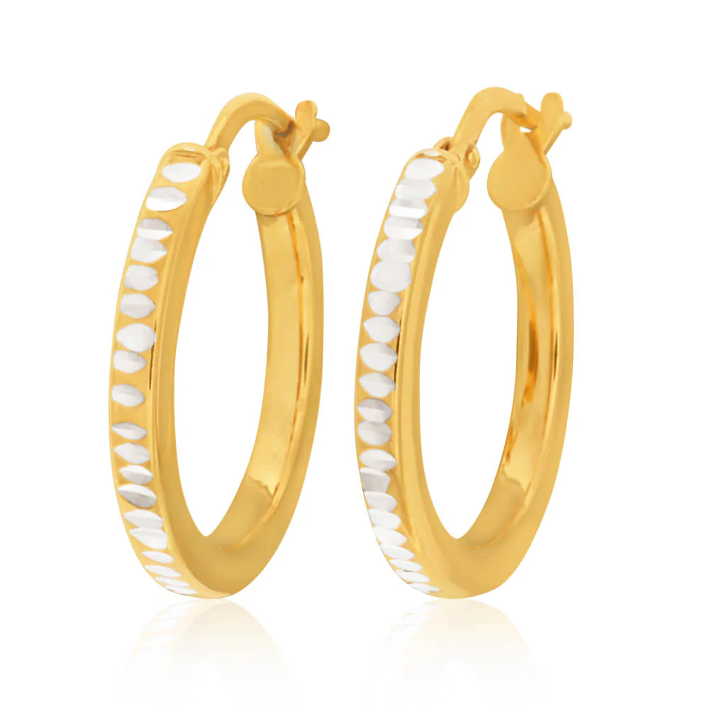 9ct Yellow Gold Silver Filled 15mm Diamond Cut Hoop Earrings - Image 2