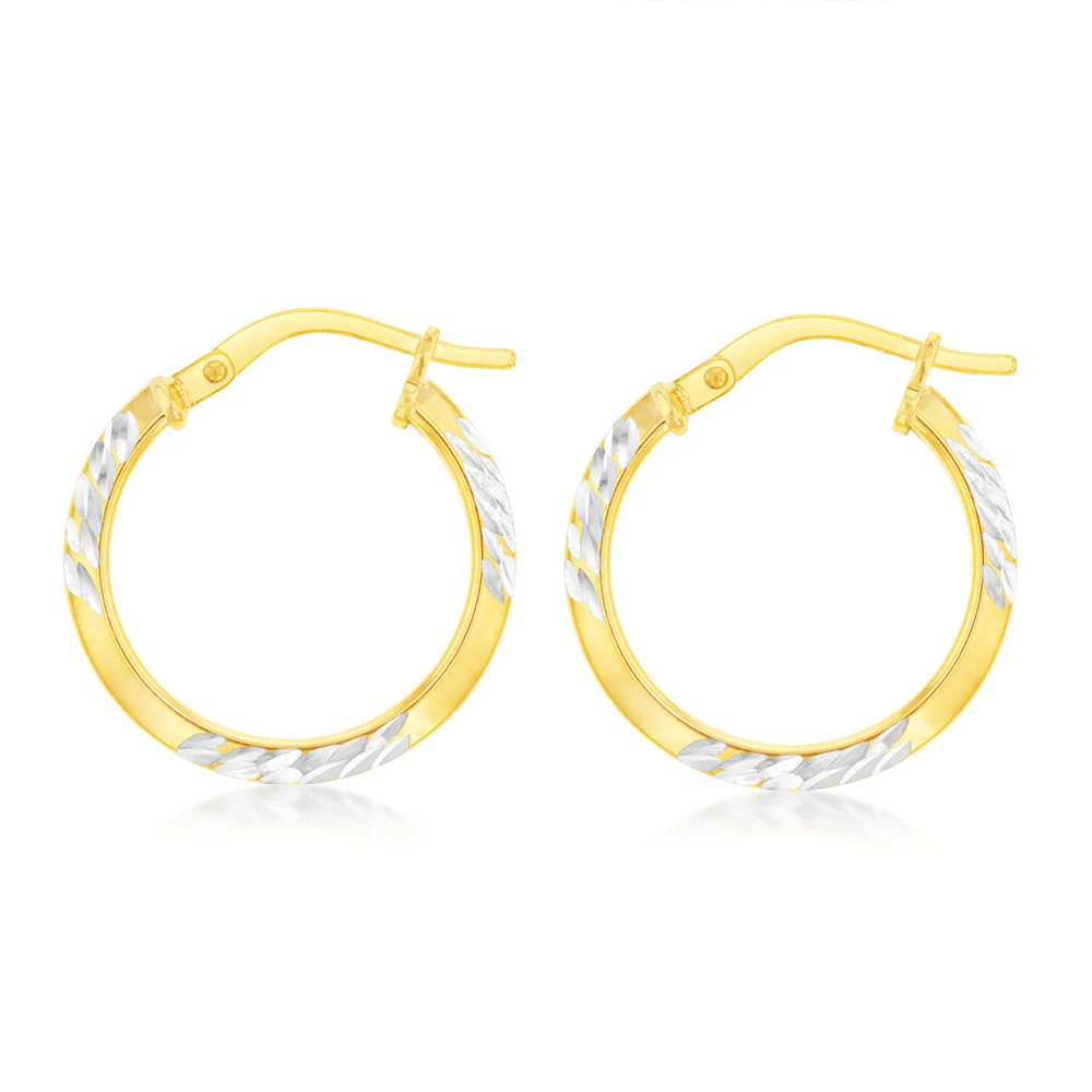 9ct Yellow Gold Silver Filled 15mm Hoop Earrings With Diamond Cut Details - Image 2