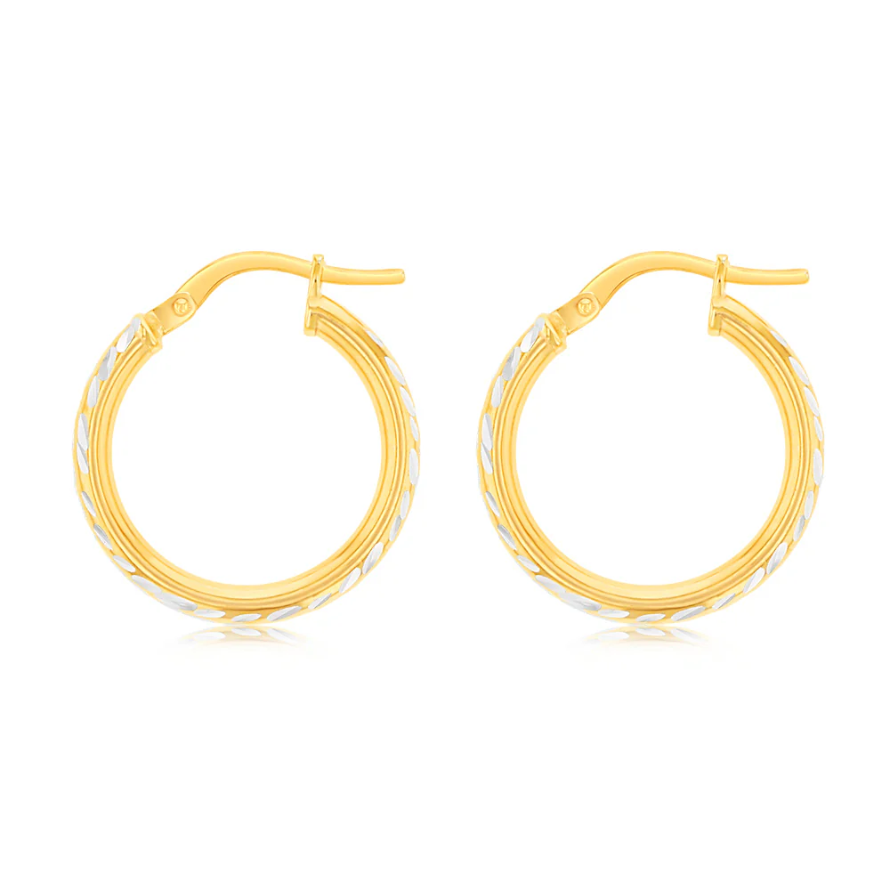 9ct Yellow Gold Silver Filled 15mm Hoop Earrings with diamond cut feature - Image 2