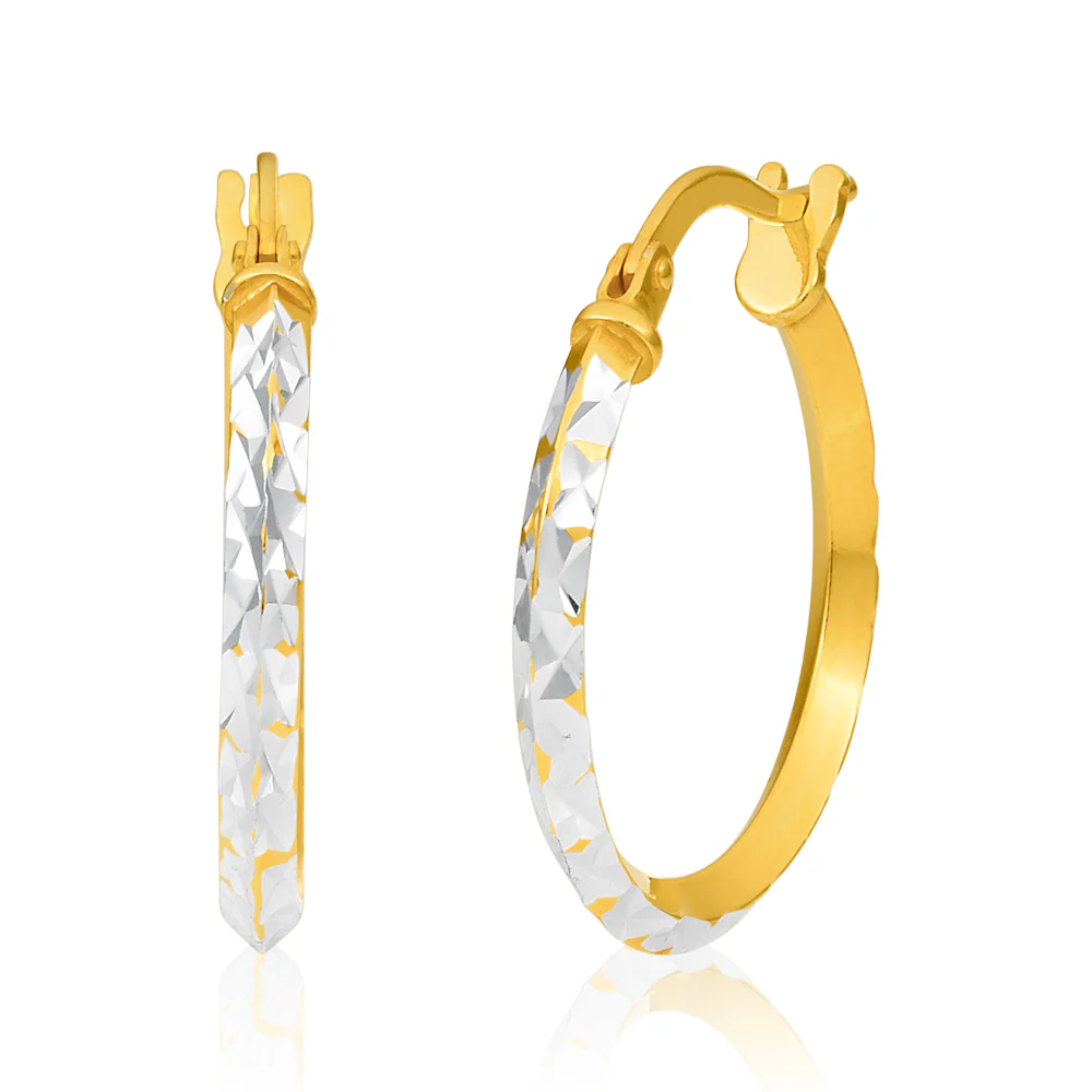 9ct Yellow Gold Silver Filled 15mm Hoop Earrings with diamond cut feature - Image 2