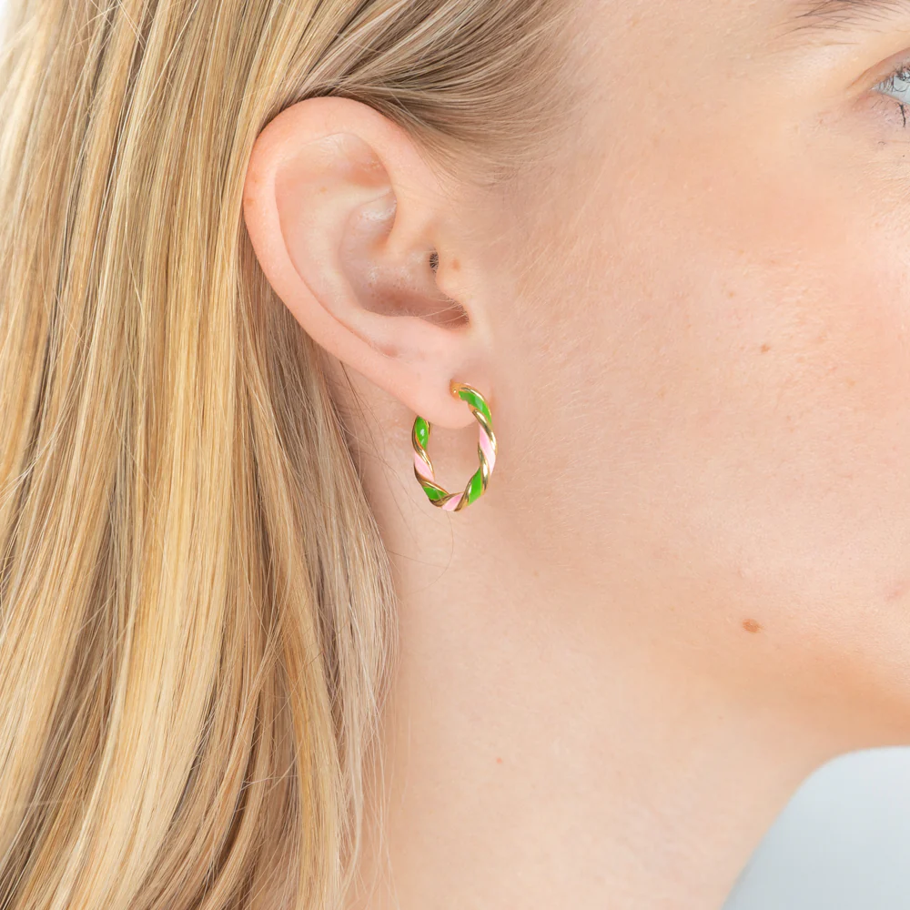 9ct Yellow Gold Silver Filled 15mm Pink And Green Enamel On Twisted Hoop Earrings - Image 2