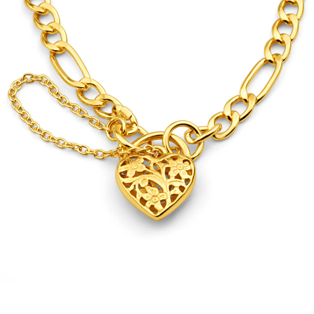 9ct Yellow Gold Silver Filled 19cm Fll Heart Figaro Bracelet - Image 2