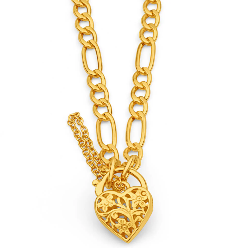 9ct Yellow Gold Silver Filled 19cm Fll Heart Figaro Bracelet - Image 3