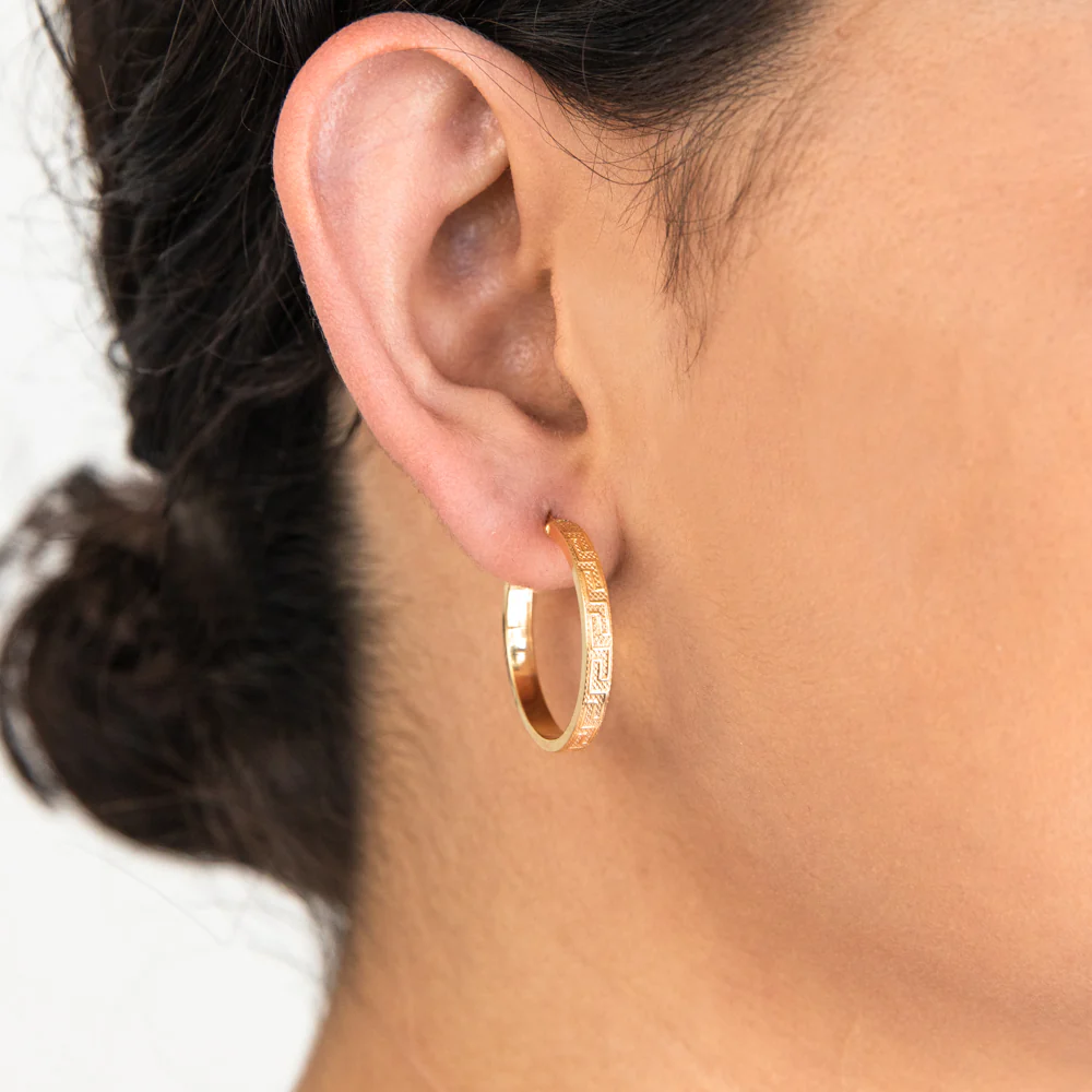 9ct Yellow Gold Silver Filled 20mm Hoop Earrings with Greek Key of Life Design - Image 2