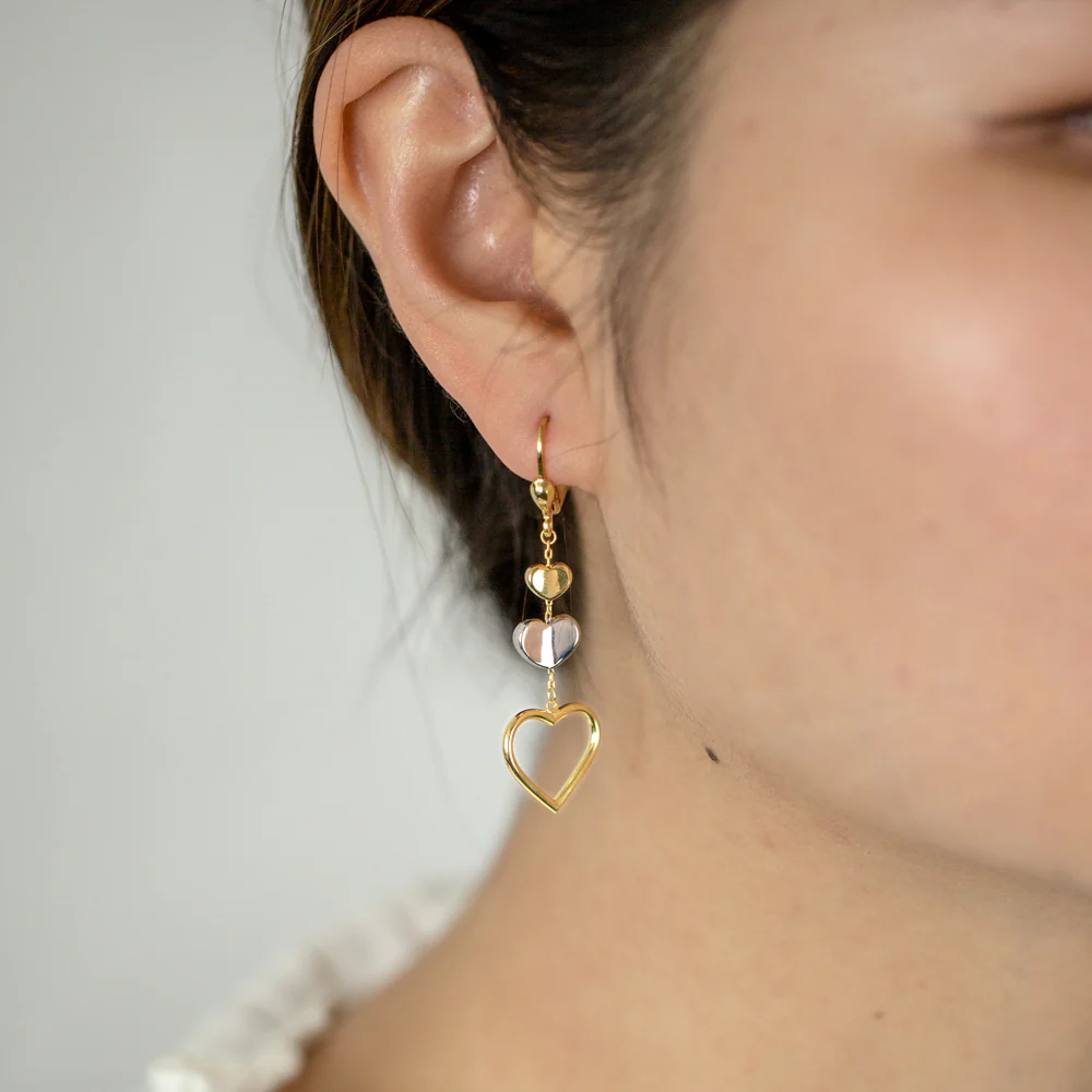 9ct Yellow Gold Silver Filled 3 Heart Drop Earraings - Image 2