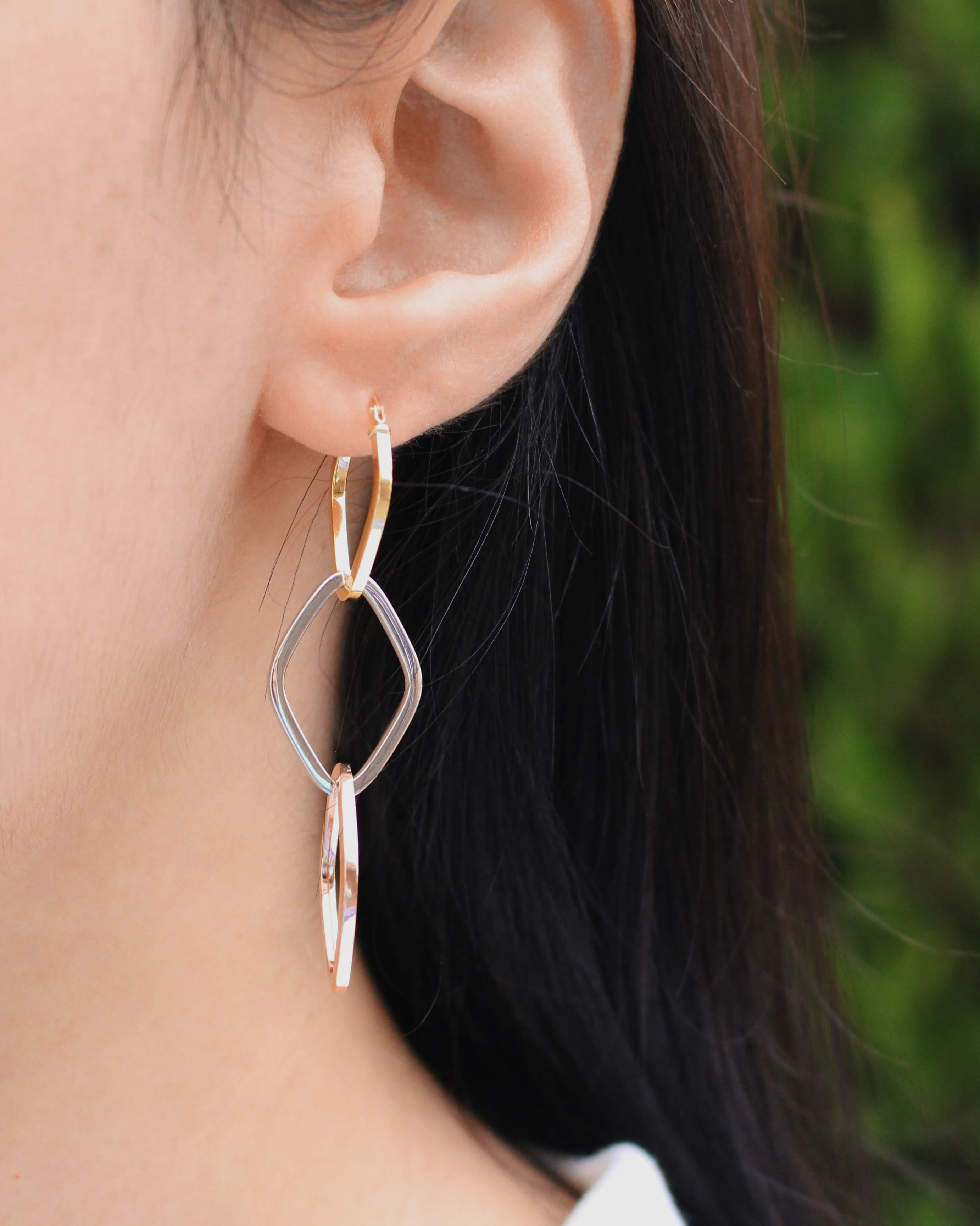 9ct Yellow Gold Silver Filled 3 Oval Ring Drop Earrings - Image 2