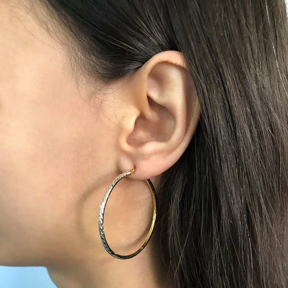 9ct Yellow Gold Silver Filled 40mm Hoop Earrings with diamond cut feature - Image 2