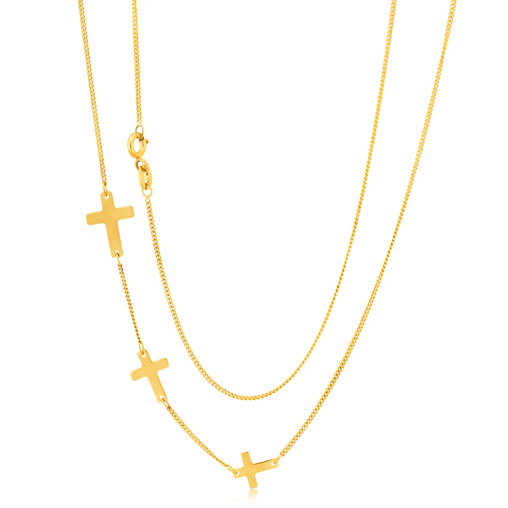 9ct Yellow Gold Silver Filled 45cm Sideway Necklace With Three Crosses - Image 2