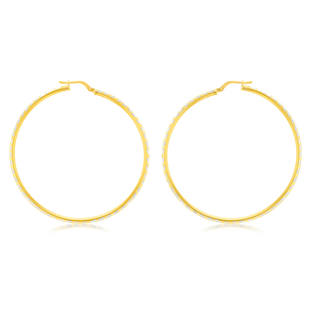 9ct Yellow Gold Silver Filled 50mm Hoop Earrings with diamond cut feature - Image 2