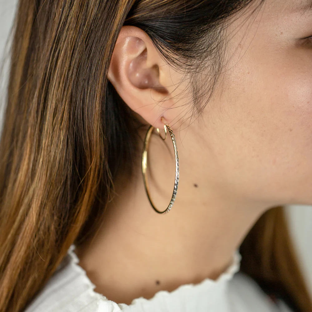 9ct Yellow Gold Silver Filled 50mm Hoop Earrings with diamond cut feature - Image 3