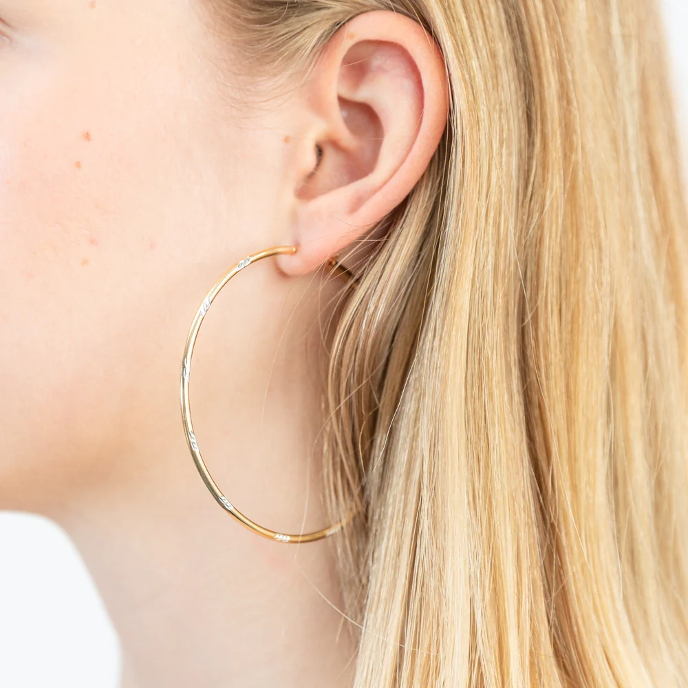 9ct Yellow Gold Silver Filled 60mm Hoop Earrings with white cut features - Image 2