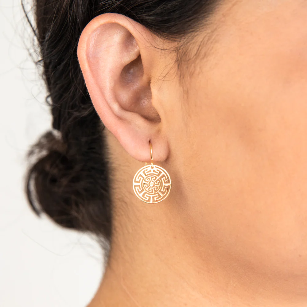 9ct Yellow Gold Silver Filled Aztec Greek key design Drop Earrings - Image 2