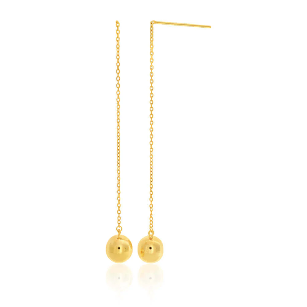 9ct Yellow Gold Silver Filled Ball Thread Drop Earrings - Image 2