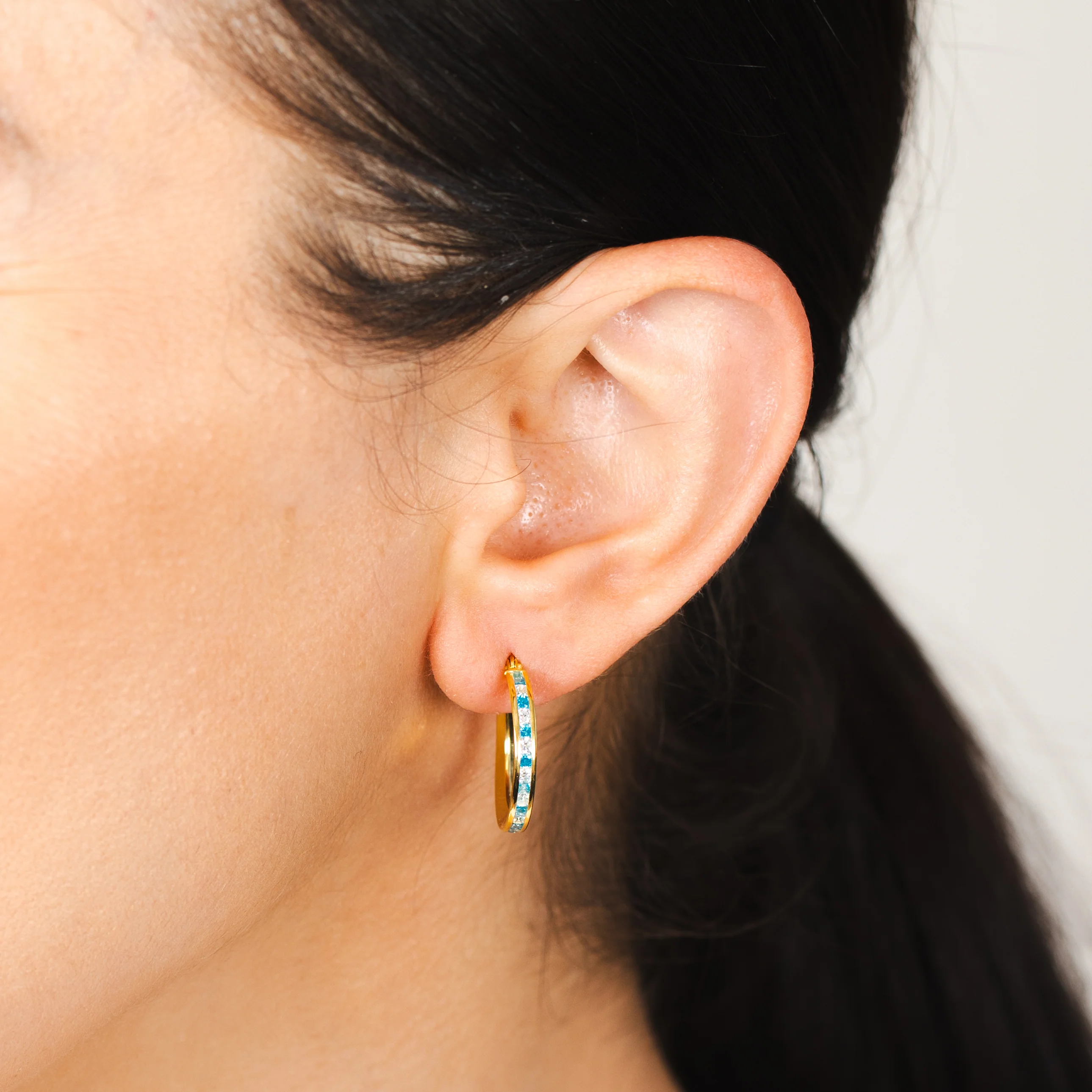 9ct Yellow Gold Silver Filled Blue Cubic Zirconia 15mm Hoop Earrings - Image 2