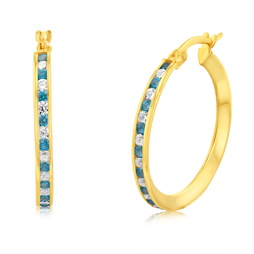 9ct Yellow Gold Silver Filled Blue Cubic Zirconia 20mm Hoop Earrings - Image 2