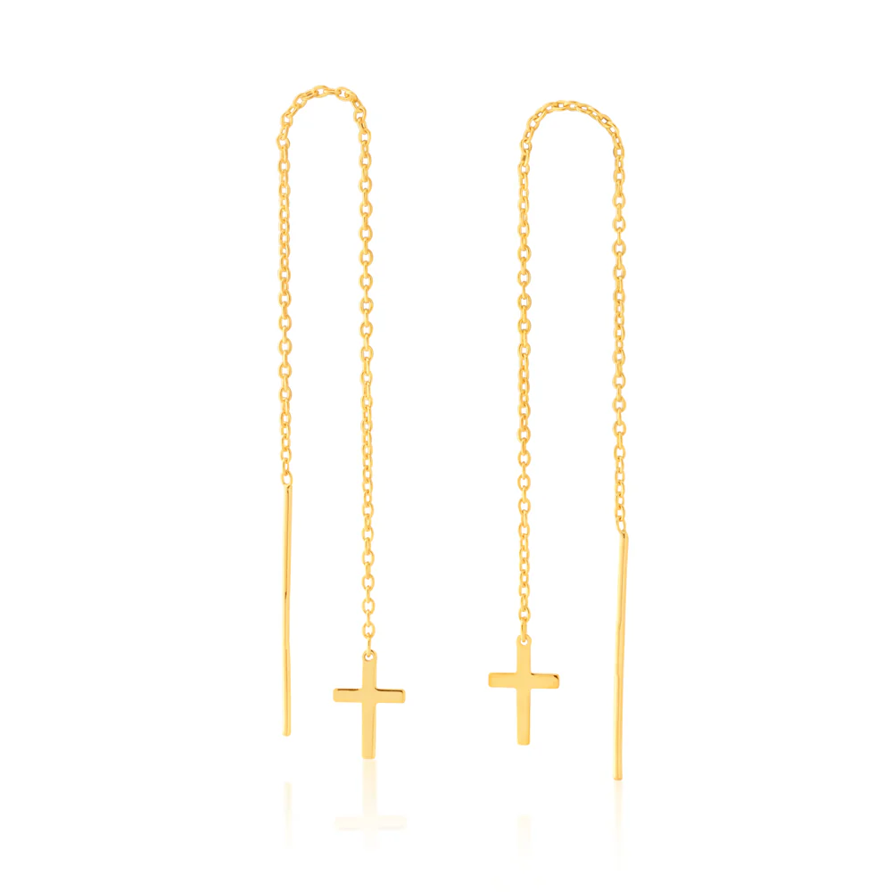 9ct Yellow Gold Silver-Filled Cross Threader Earrings - Image 2