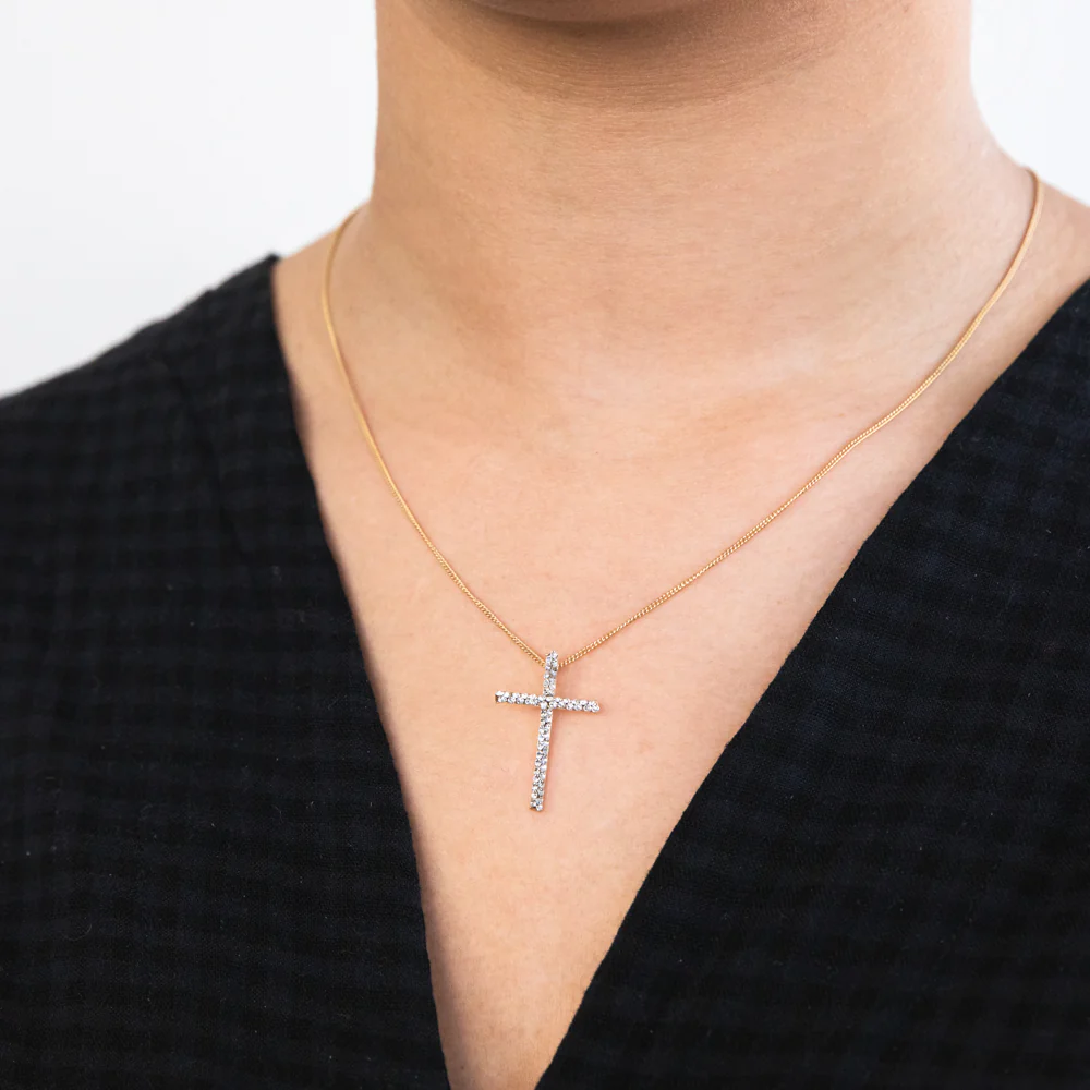 9ct Yellow Gold Silver Filled Cross with Crystals Stud Pendant - Image 2