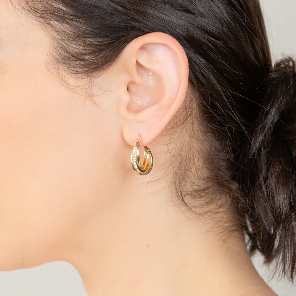9ct Yellow Gold Silver Filled Crystal Triple Hoop Earrings - Image 2