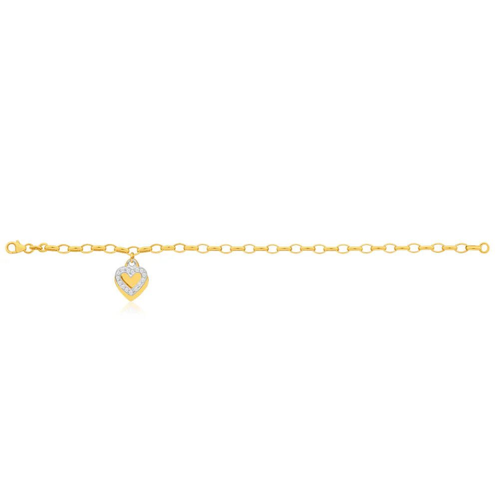 9ct Yellow Gold Silver Filled Cubic Zirconia Belcher Heart Charm 19cm Bracelet - Image 2