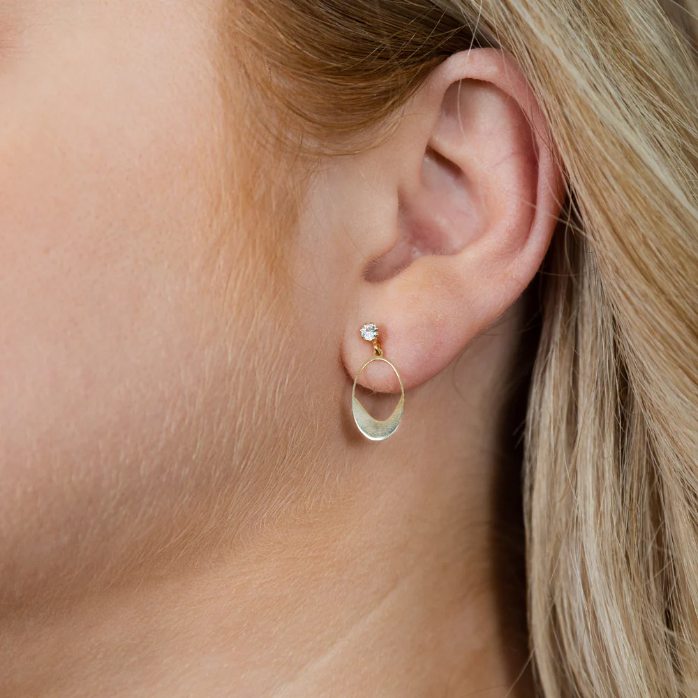 9ct Yellow gold Silver Filled Cubic Zirconia Flat Oval Drop Earrings - Image 2