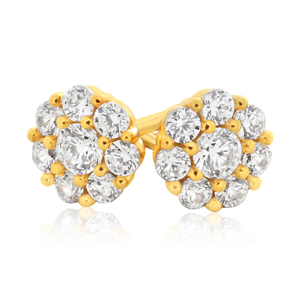 9ct Yellow Gold Silver Filled Cubic Zirconia Flower Stud Earrings - Image 2