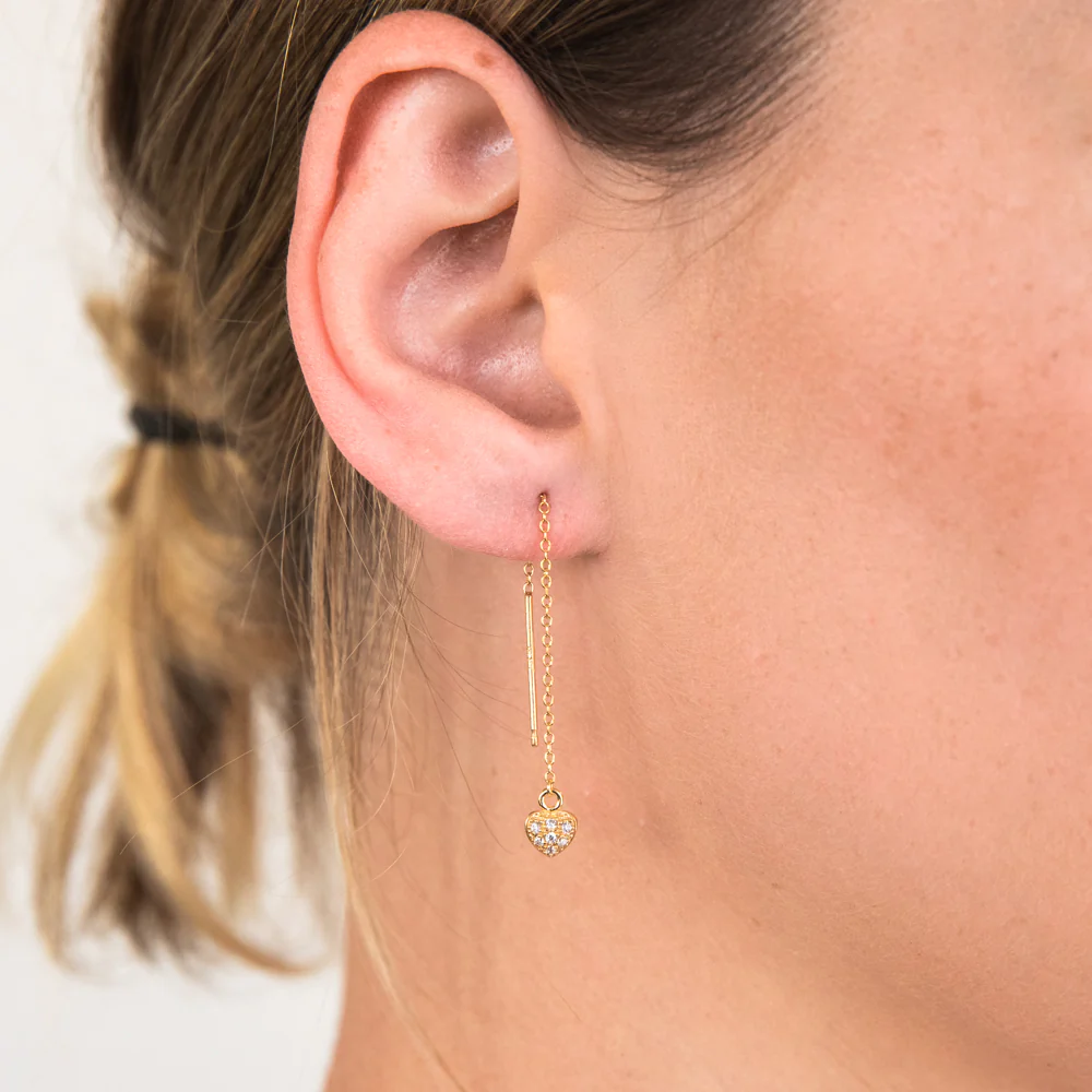 9ct Yellow Gold Silver filled Cubic Zirconia Heart Thread Earrings - Image 2