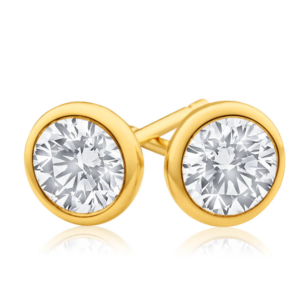 9ct Yellow Gold Silver Filled Cubic Zirconia Simple Round Stud Earrings - Image 2