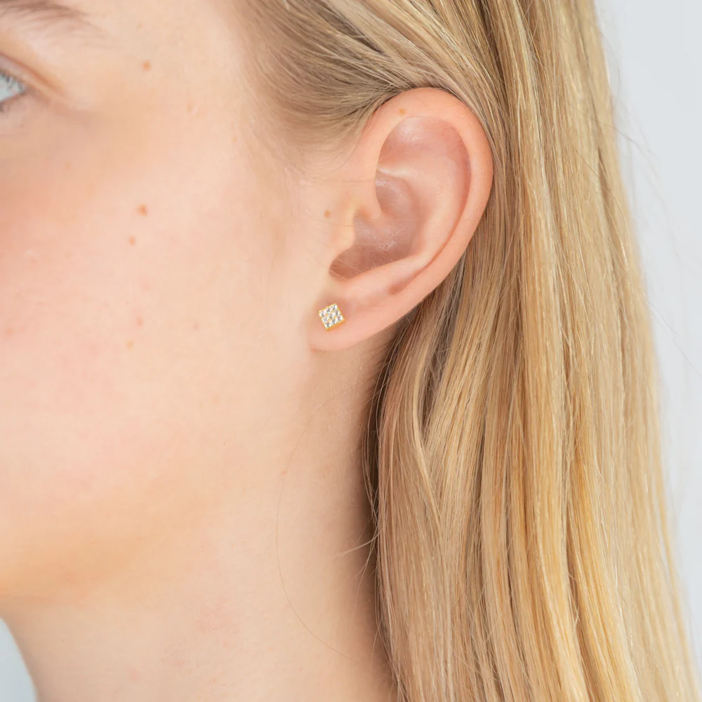 9ct Yellow Gold Silver Filled Cubic Zirconia Square Shape Stud Earrings - Image 2