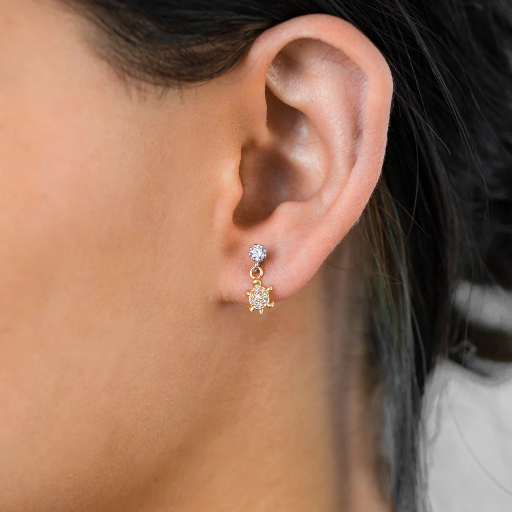 9ct Yellow Gold  Silver Filled Cubic Zirconia Turtle Drop Earrings - Image 2