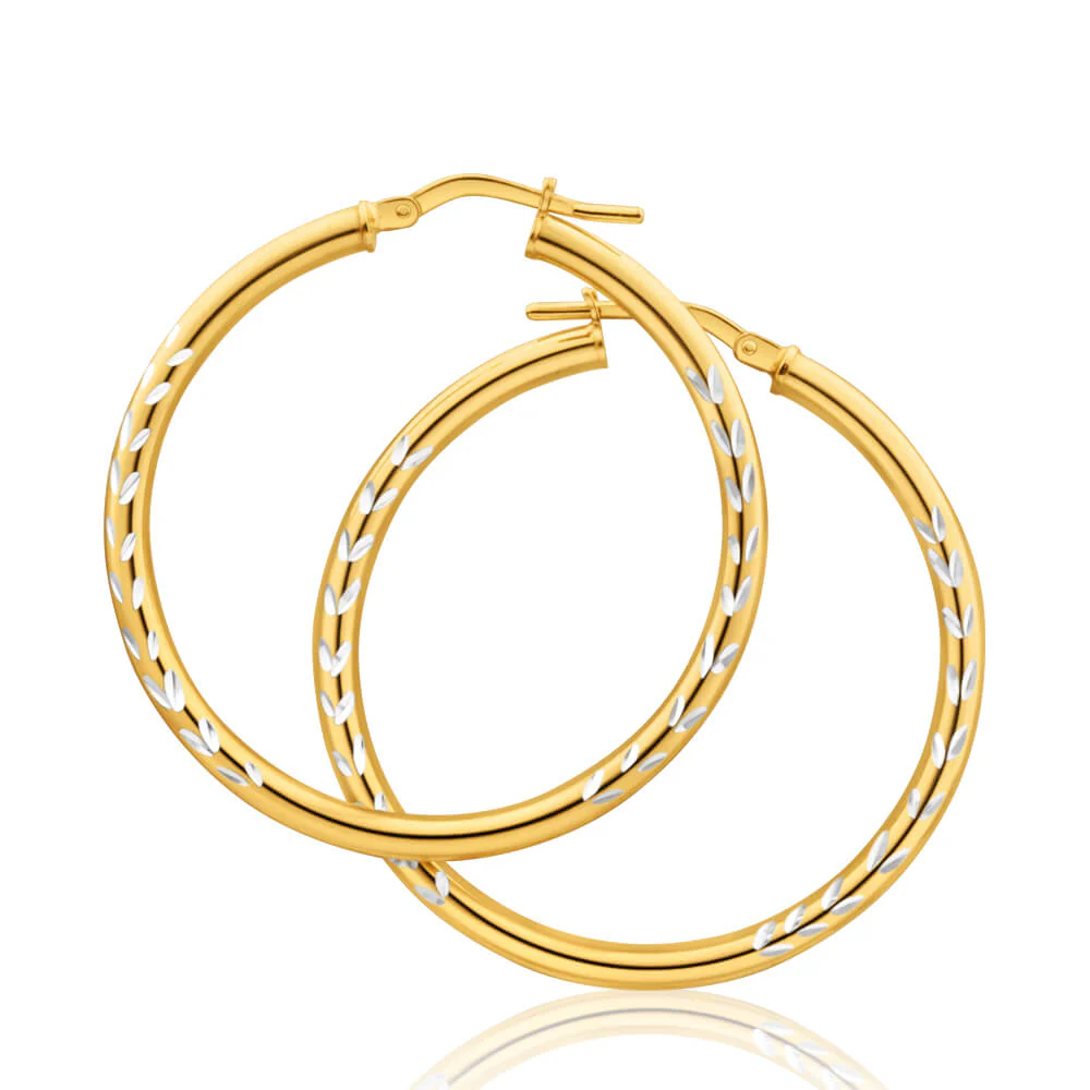 9ct Yellow Gold Silver Filled Dicut 30mm Hoop Earrings - Image 2