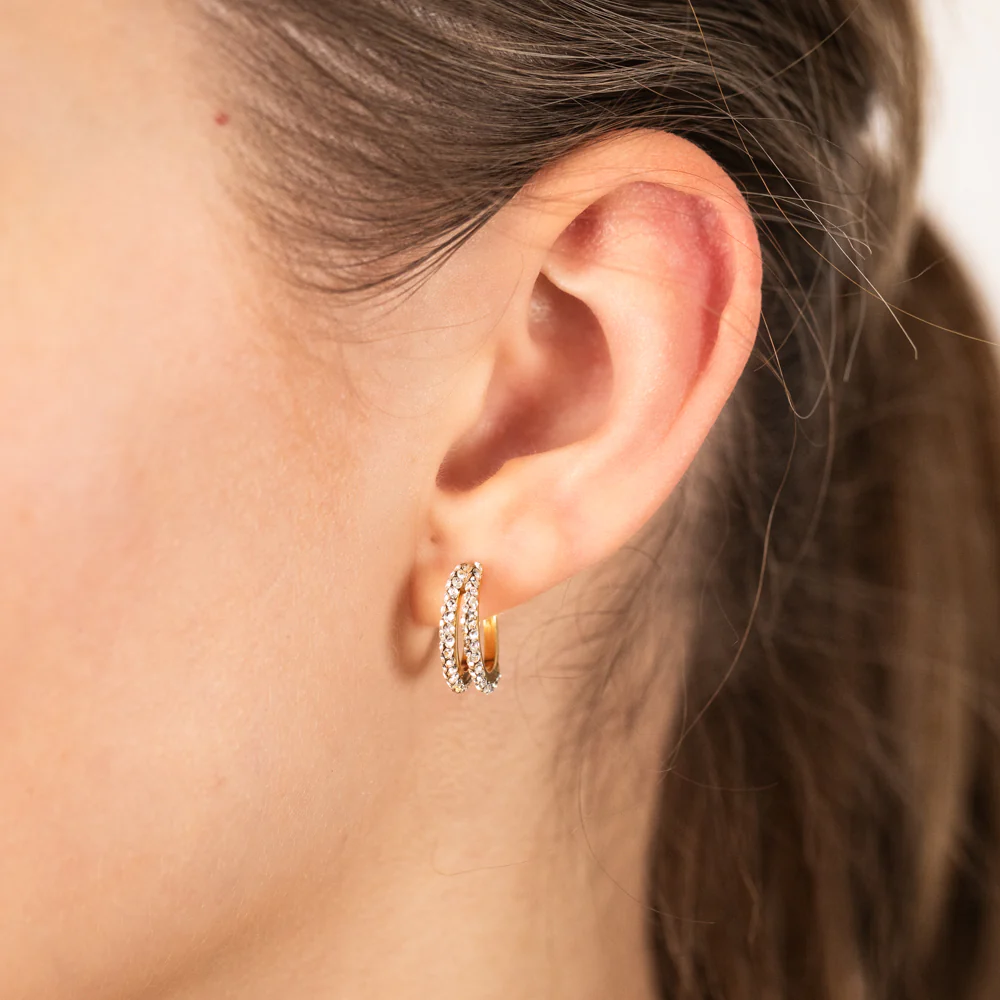 9ct Yellow Gold Silver Filled Double Row Crystal 3/4th Hoop Earrings - Image 2