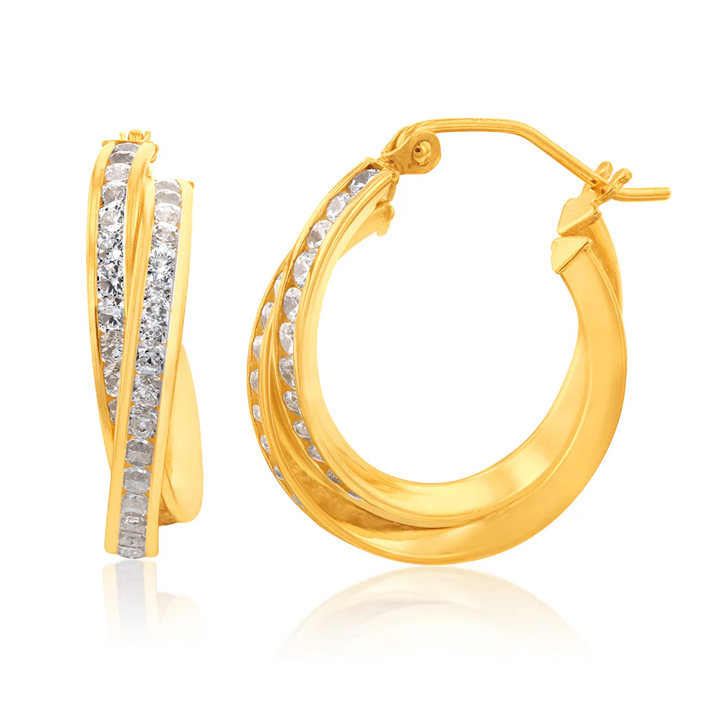 9ct Yellow Gold Silver Filled Double Twisted Hoop Zirconia Earrings - Image 2