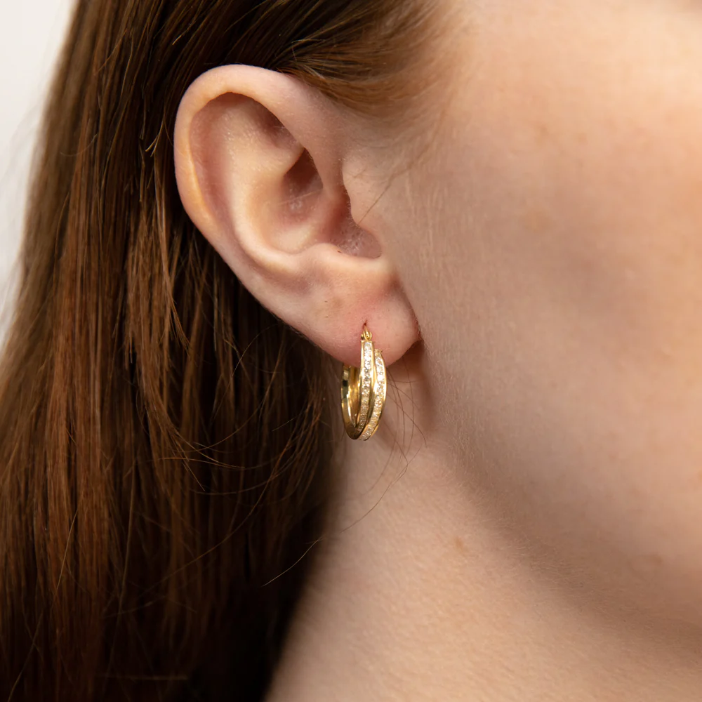 9ct Yellow Gold Silver Filled Double Twisted Hoop Zirconia Earrings - Image 3