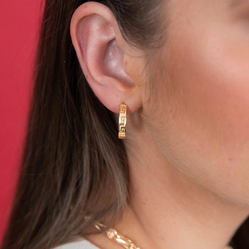 9ct Yellow Gold Silver Filled Greek Key 15mm Hoop Earrings - Image 2