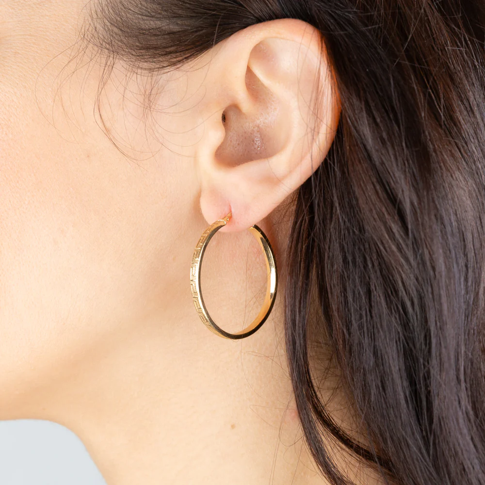9ct Yellow Gold Silver Filled Greek Key Hoop Earrings - Image 2