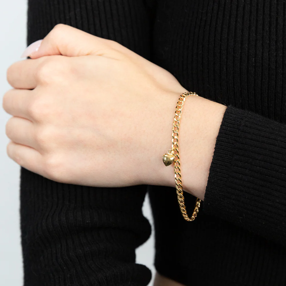 9ct Yellow Gold Silver Filled Heart Drop Curb Bracelet - Image 3