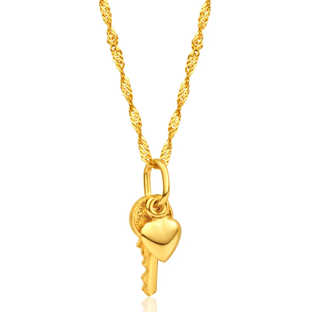 9ct Yellow Gold Silver Filled Heart & Key Pendant With 45cm Chain - Image 2
