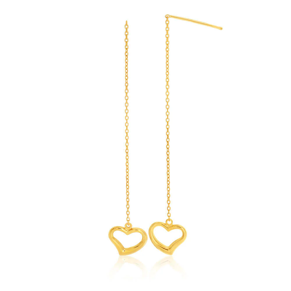9ct Yellow Gold Silver Filled Heart Thread Drop Earrings - Image 2