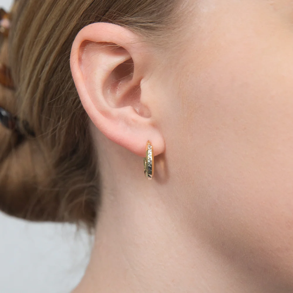 9ct Yellow Gold Silver Filled Hoop Earrings with diamond cut cross pattern feature - Image 2