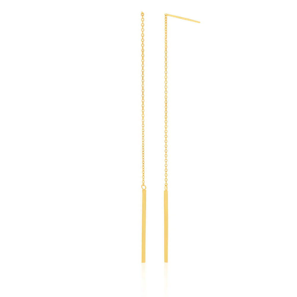9ct Yellow Gold Silver Filled Long Thread Bar Drop Earrings - Image 2