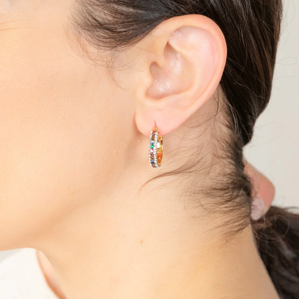 9ct Yellow Gold Silver Filled Multicolour And White Crystal 15mm Broad Hoop Earrings - Image 2