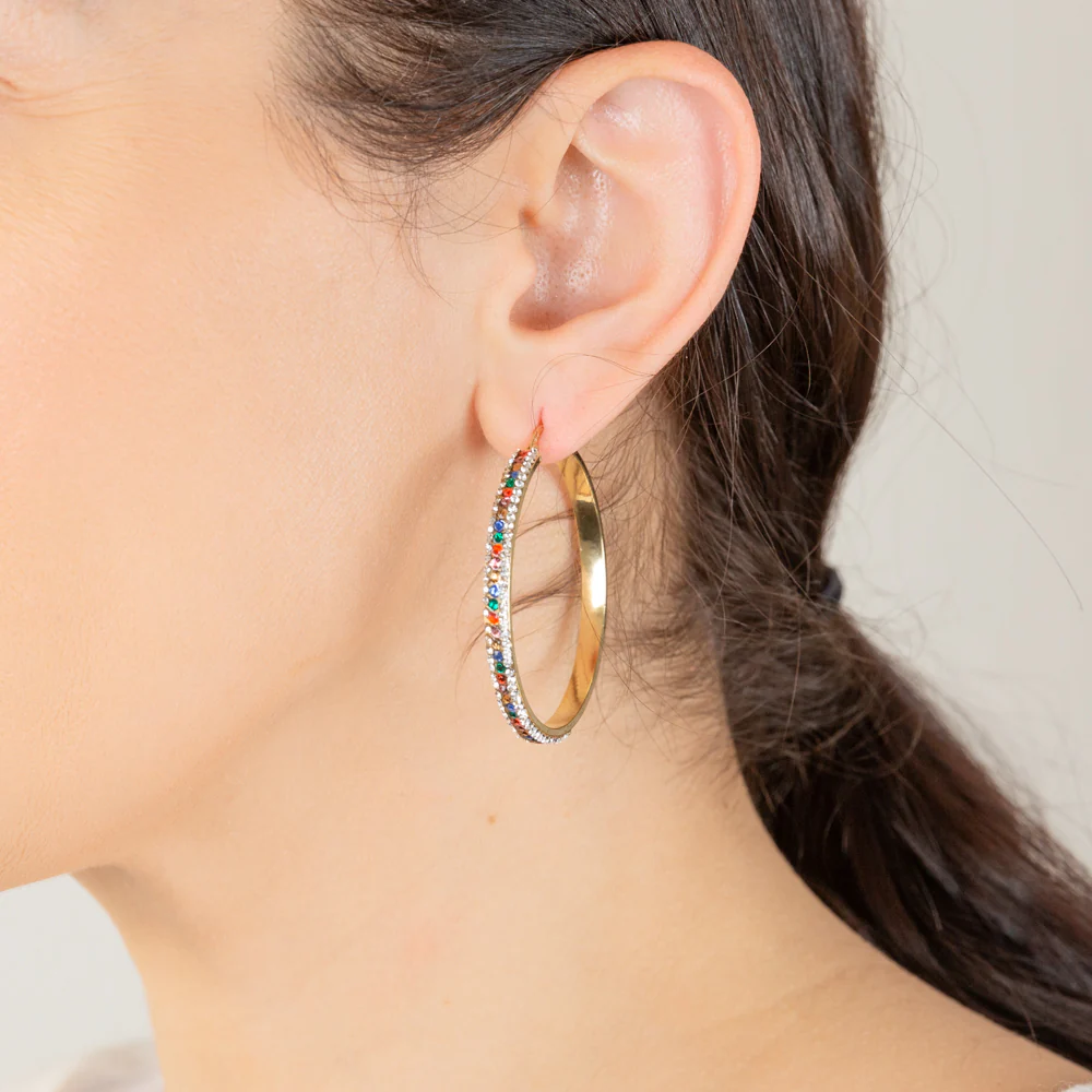 9ct Yellow Gold Silver Filled Multicolour And White Crystal 40mm Broad Hoop Earrings - Image 2