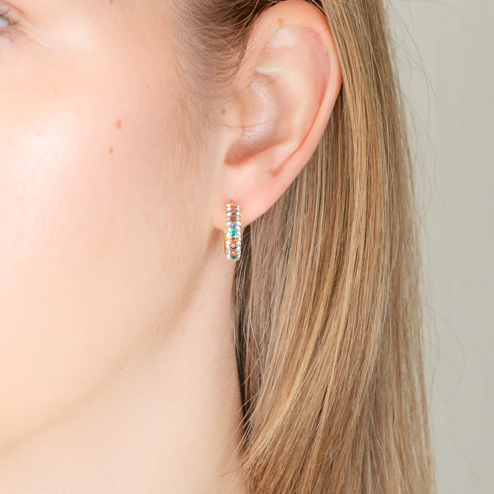 9ct Yellow Gold Silver Filled Multicolour And White Crystals 10mm Broad Hoop Earrings - Image 2