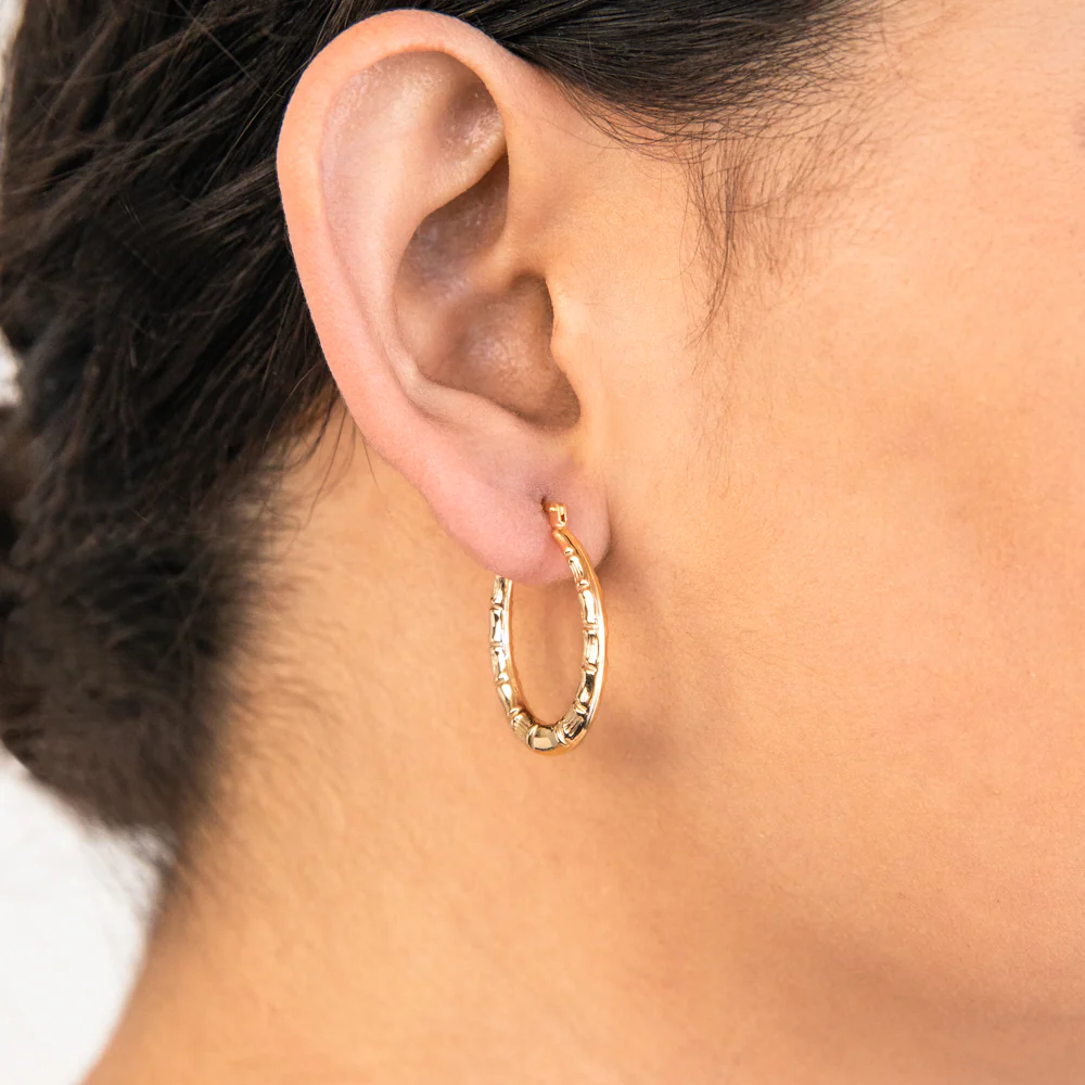 9ct Yellow Gold Silver Filled Oval Bamboo Style 13mm Hoop Earrings - Image 2