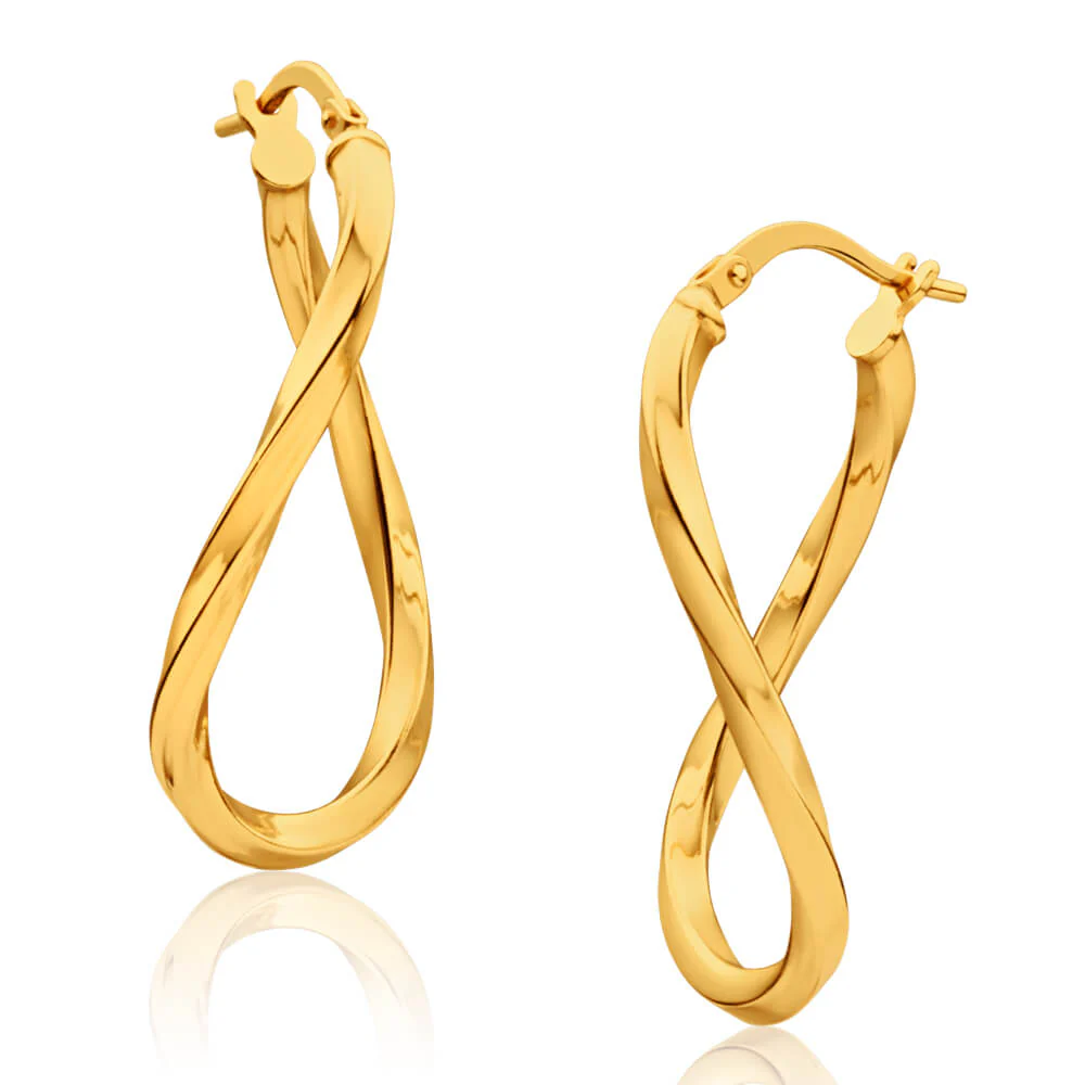 9ct Yellow Gold Silver Filled Oval with Twist 30mm Hoop Earrings - Image 2