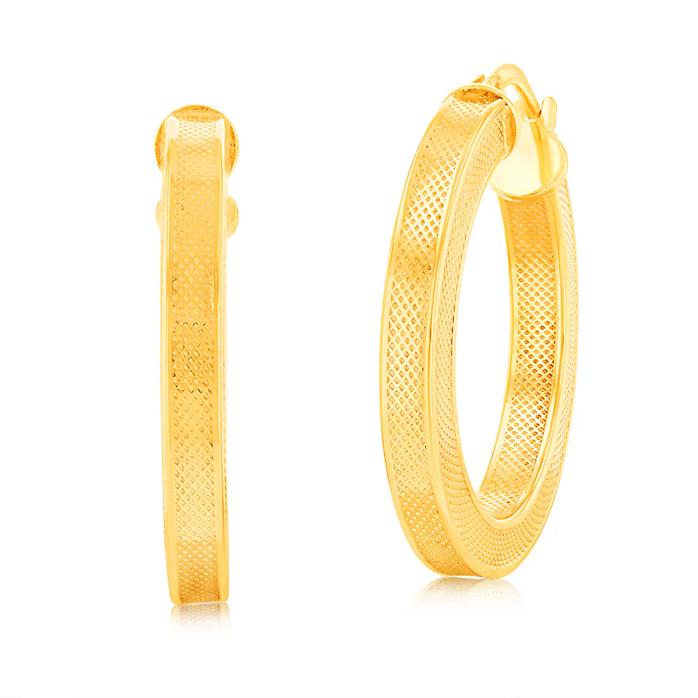 9ct Yellow Gold Silver Filled Patterned Square Tube 20mm Hoop Earrings - Image 2